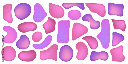 Set of organic irregular mesh pink gradient blob shapes with noise. Random deform spot fluid circle Isolated on white background. Organic amoeba bright childish elements. Vector illustration.