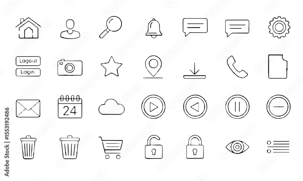 Fototapeta premium Minimalist Line Icon Set for Web and App UI – Thin Outline Style Symbols for Interface Elements like Home, Search, Message, Calendar, Trash, Lock, and More on White Background