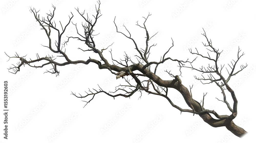Fototapeta premium A dry tree branch, stark and isolated against a pure white background. This simple yet evocative image can be used in various nature - themed projects, such as environmental awareness campaigns, 