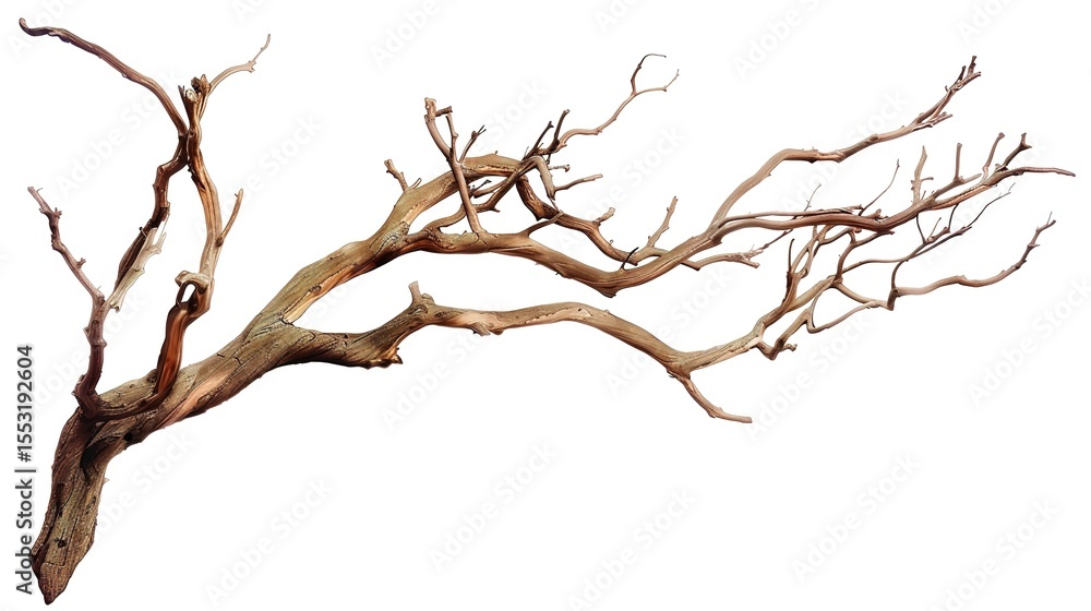 Fototapeta premium A dry tree branch, stark and isolated against a pure white background. This simple yet evocative image can be used in various nature - themed projects, such as environmental awareness campaigns, 