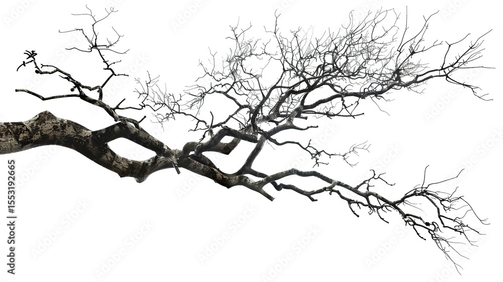 Fototapeta premium A dry tree branch, stark and isolated against a pure white background. This simple yet evocative image can be used in various nature - themed projects, such as environmental awareness campaigns, 