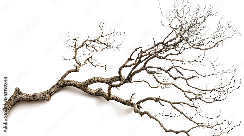 Fototapeta premium A dry tree branch, stark and isolated against a pure white background. This simple yet evocative image can be used in various nature - themed projects, such as environmental awareness campaigns, 