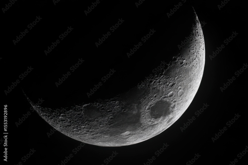 Naklejka premium HighResolution of a Waxing Crescent Moon, Clearly Showing Lunar Craters Detail