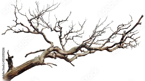 A dry tree branch, stark and isolated against a pure white background. This simple yet evocative image can be used in various nature - themed projects, such as environmental awareness campaigns, 