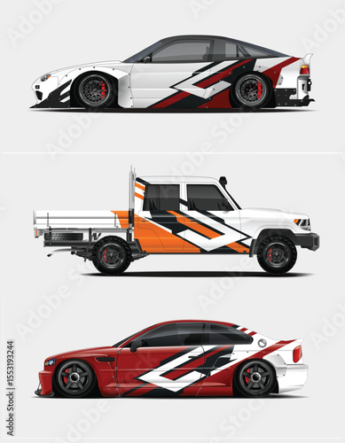 Three Modified Vehicles with Custom Wraps and Body Kits on a Light Background