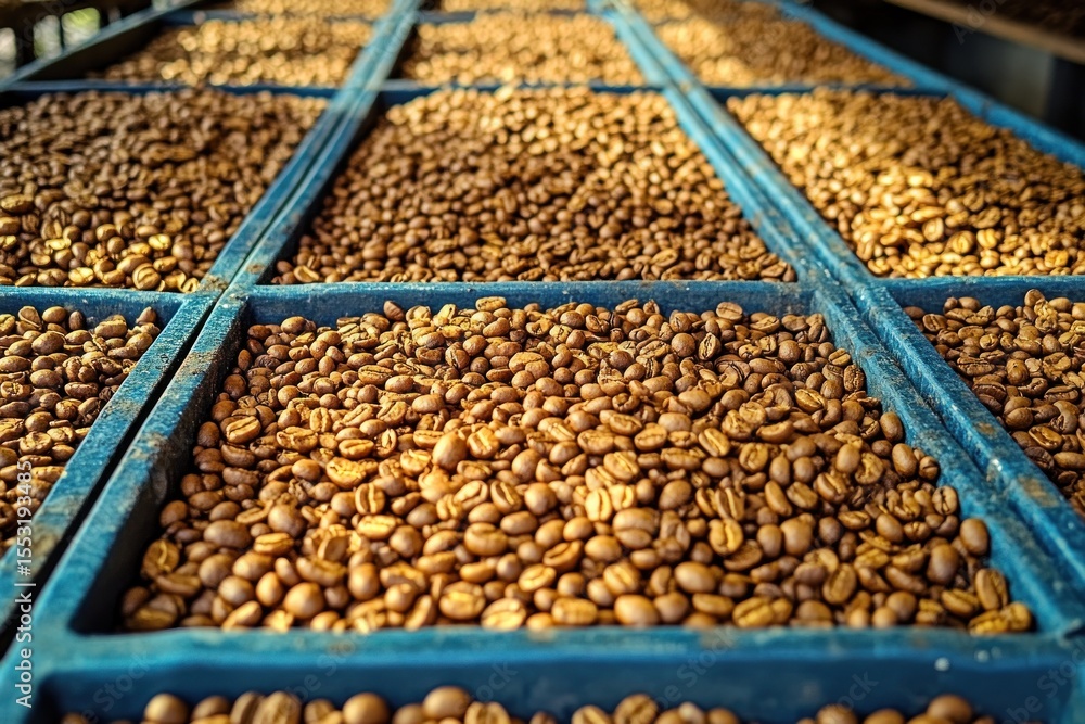 Obraz premium Close-up of roasted coffee beans spread out evenly in blue rectangular trays under natural light