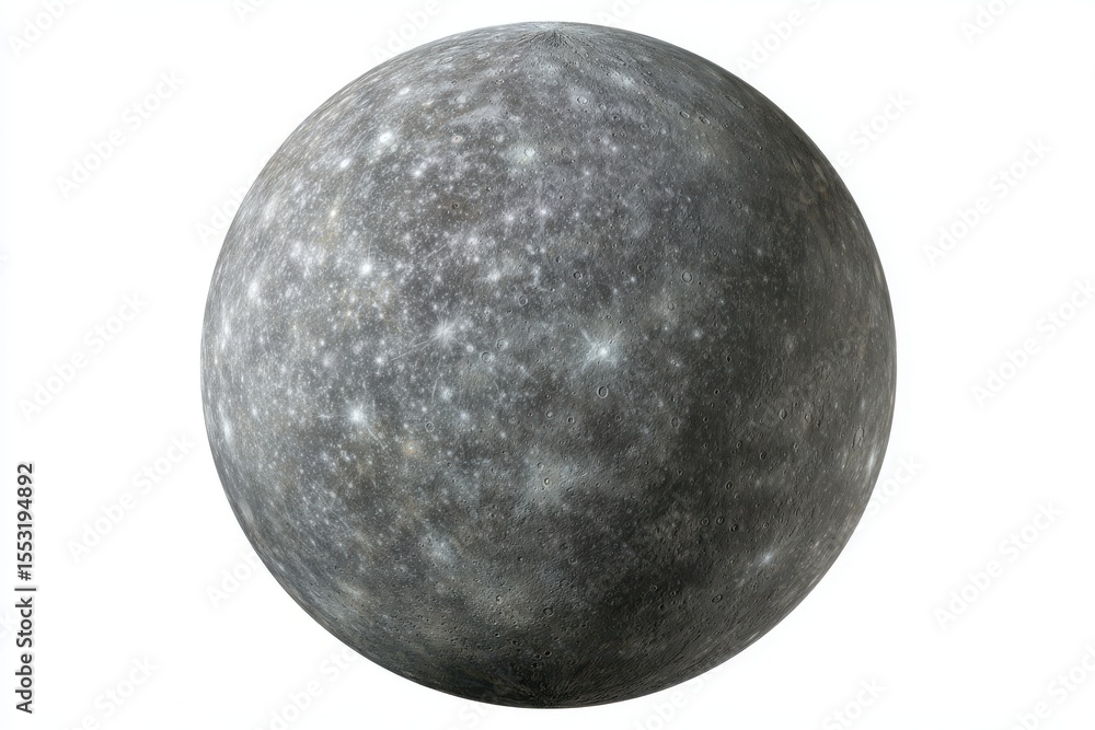 Naklejka premium Mercury Planet Full View with Surface Details and Impact Craters on a White Background