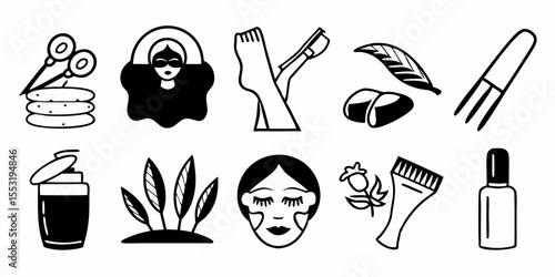 Set of Beauty and Skincare Icons in Black and White Solid and Outline Styles for Salon and Spa Services.