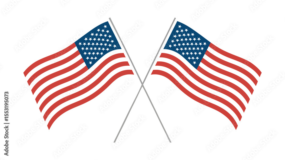 Fototapeta premium Crossed American flags symbolizing unity, patriotism, and national pride isolated on a white background with red, white, and blue colors
