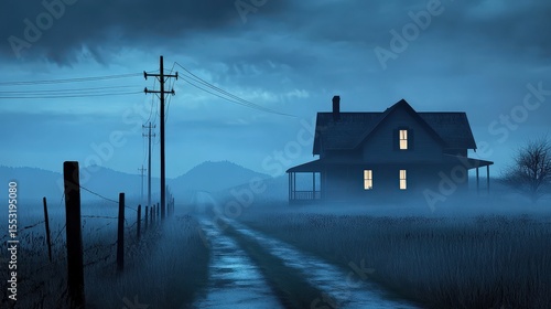 Eerie farmhouse glows amidst a foggy landscape with a wet dirt road