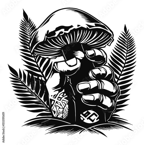 Mystic Hand Holding Mushroom in Woodcut Style with Tribal Tattoo