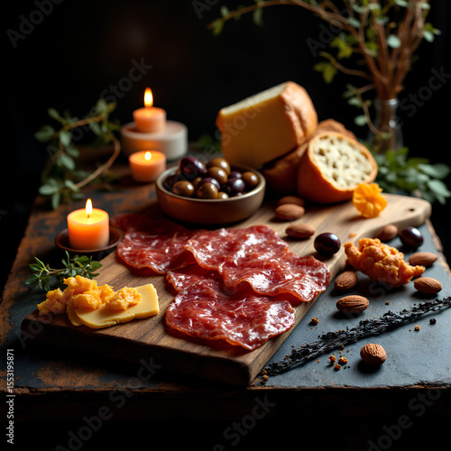 Charcuterie board with sliced salami, cheese, olives, and bread, styled with candles and herbs. Perfect for gourmet, rustic, and cozy food-themed visuals.