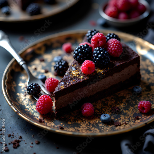 Decadent chocolate cake slice topped with fresh raspberries, blackberries, and blueberries on a rustic plate, creating an elegant and indulgent dessert scene.