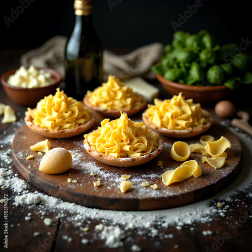 Fresh homemade pasta nests on a rustic wooden board with flour, eggs, cheese, herbs, and olive oil, styled in a warm and cozy kitchen atmosphere.