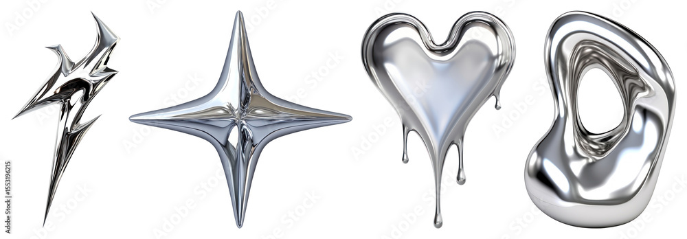Obraz premium PNG Four metallic 3D shapes: lightning, star, heart, and abstract element set on transparent background.