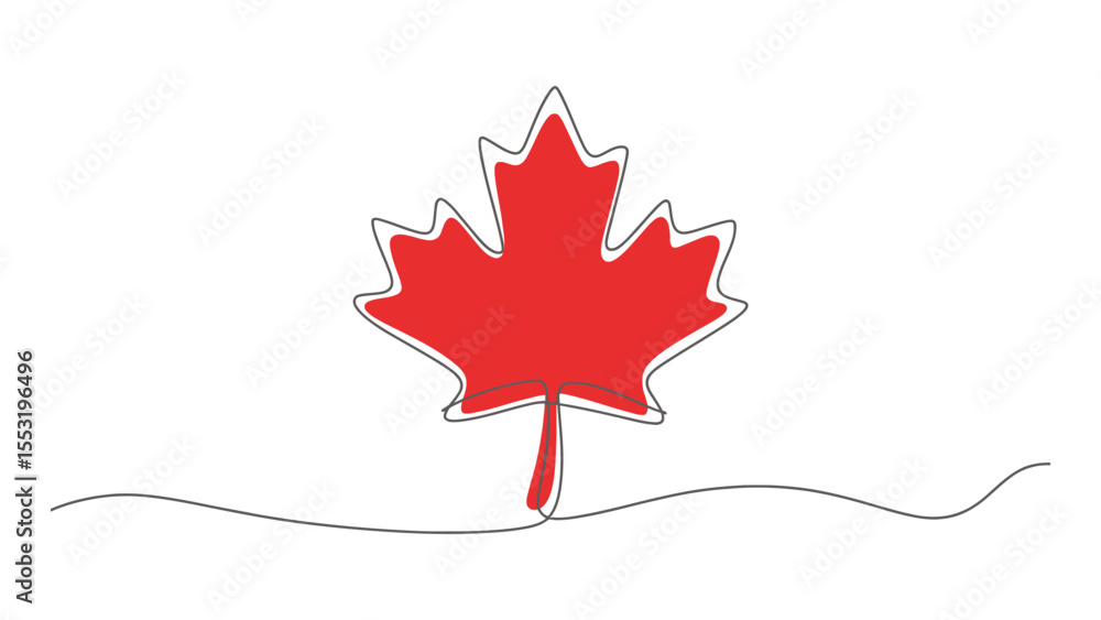 Obraz premium red maple leaf in continuous line art style, symbolizing canada, isolated on white background, minimalist patriotic vector illustration
