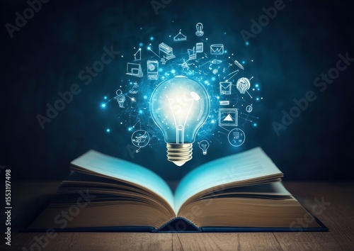 Illuminated ideas emerge from an open book.