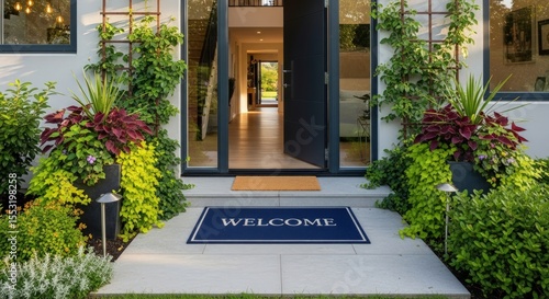 Fototapeta Naklejka Na Ścianę i Meble -  Inviting entrance with open door and welcome mat surrounded by lush greenery and potted plants