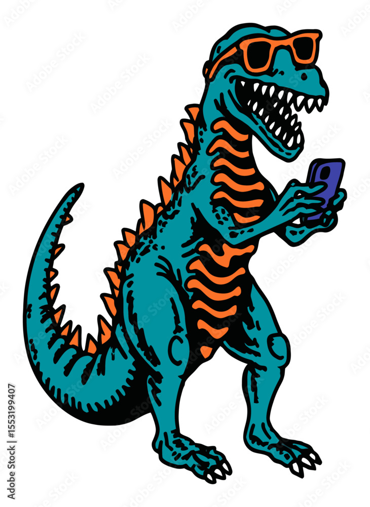 Obraz premium Cool Dinosaur Using Smartphone with Sunglasses in Colorful Vector Art