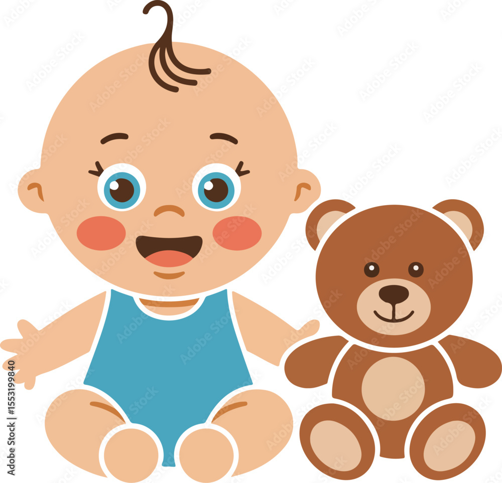 Fototapeta premium Playful Baby and Teddy Bear vector isolated transparent