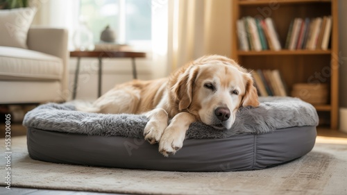 Golden retriever relaxing on cozy grey dog bed in sunlit living room