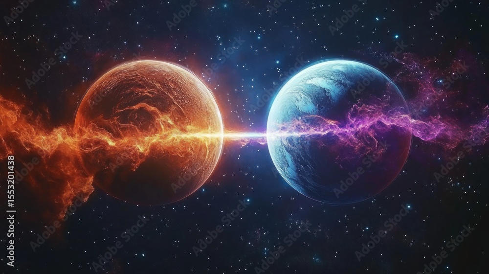 Obraz premium Two contrasting planets connected by a vibrant, electrifying energy beam in outer space surrounded by stars and cosmic dust