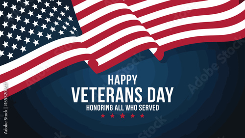 happy veterans day greeting with waving american flag and starry blue background honoring all who served in the united states military