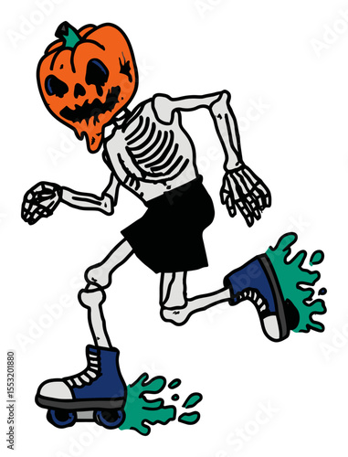 Fun Halloween Skeleton with Pumpkin Head Riding Roller Skates Illustration