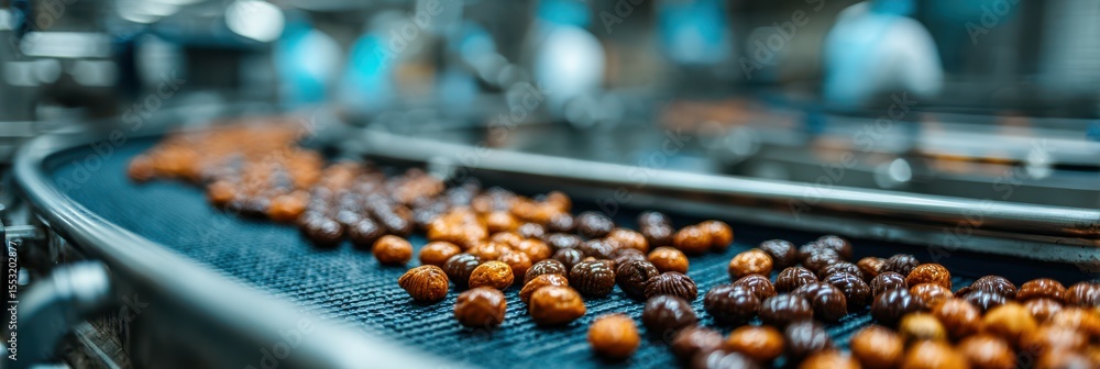 Chocolate covered treats moving along a conveyor belt in a confectionery factory during afternoon production hours Chocolate covered treats moving along a conveyor belt in a confectionery factory during afternoon production hours