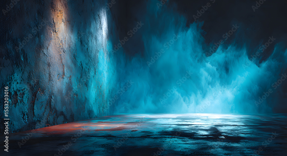 Naklejka premium An abstract background with a dark wall and a smoky concrete floor illuminated by blue.