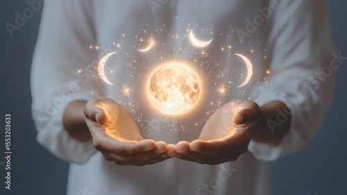 Enchanted hands holding moon and stars in celestial display