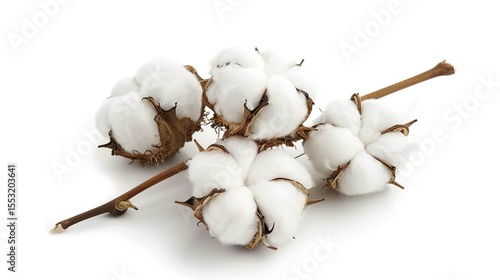 Fluffy cotton bolls stand isolated on a clean white background, presenting a pure and natural sight. This image is highly suitable for textile - related projects, like cotton product promotions, 