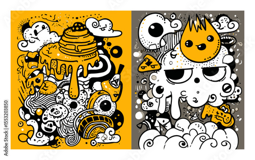 Colorful Doodle Art with Whimsical Characters and Playful Shapes