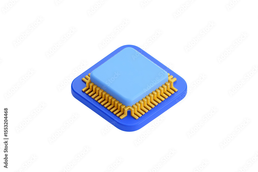 Stylized computer chip with gold pins in a blue socket Digital artwork of a processor unit Isometric view of the Stylized computer chip with gold pins in a blue socket Digital artwork of a processor unit Isometric view of the