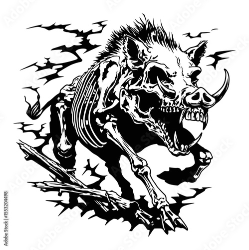Intricate Engraving of a Running Wild Boar Skeleton in Black and White