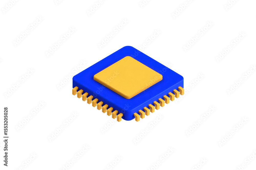 Isometric View Of A Blue And Yellow Computer Chip With Gold Pins On A Transparent Background Isometric View Of A Blue And Yellow Computer Chip With Gold Pins On A Transparent Background