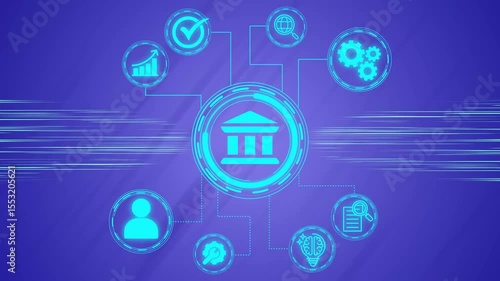 Digital network showing banking technology icons connected in animation background .Digital bank icon with holographic interface and financial data