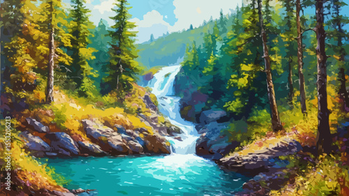 Cascade in the forest illustration