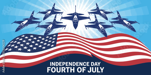 independence day celebration with fighter jets flying over american flag in sky, symbolizing patriotism, unity, and national pride