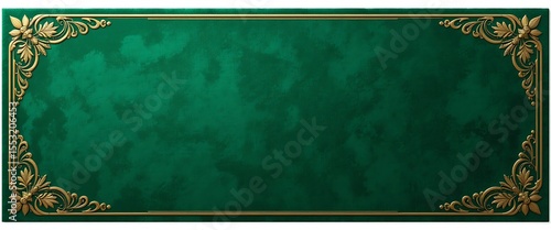  Emerald green velvet texture card with rich gold filigree corners, isolated on white.

