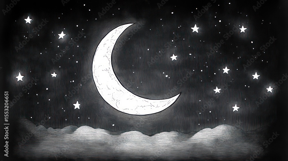 Naklejka premium Black and white artistic night sky with a crescent moon, shining stars, and soft clouds creating a peaceful and serene atmosphere