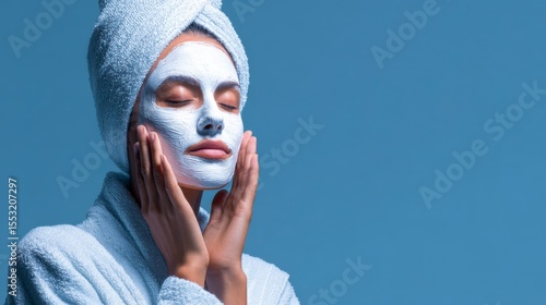 Woman Applying White Face Mask Skincare Blue Background, Clean Beauty Concept Featuring Face Care Routine-blue