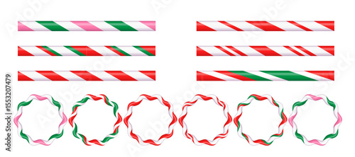 Set of brushes for Christmas striped candy canes figure frames . Drawing of striped Christmas candy canes . Vector illustration isolated on white background