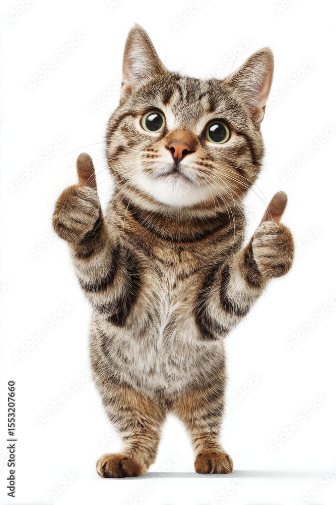 Obraz premium a cute, photorealistic tabby cat with big eyes, smiling directly at the camera, standing on hind legs and giving two thumbs up, white background