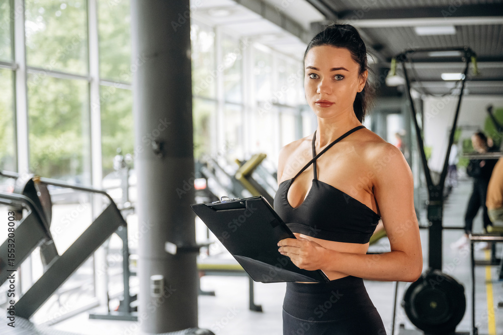 Conception of business. Female trainer is standing in the gym with notepad Conception of business. Female trainer is standing in the gym with notepad