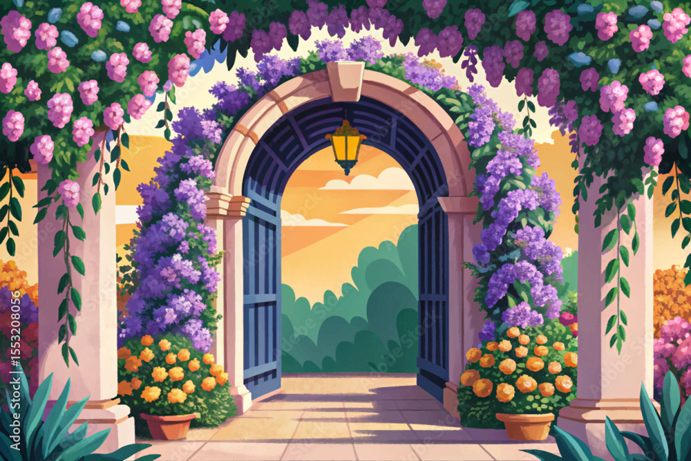 Fototapeta premium Romantic garden archway adorned with blooming vines and flowers vector, ideal for wedding themes, romantic settings, springtime, and botanical elegance