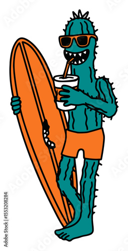 Fun and Quirky Cactus Character with Surfboard and Sunglasses