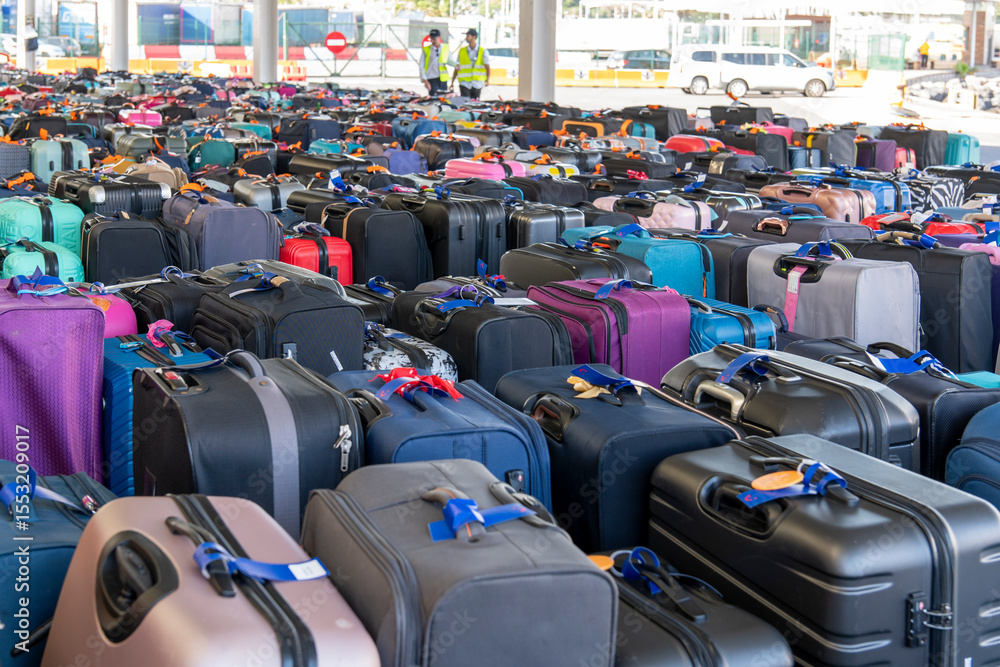 Fototapeta premium A pile of suitcases stored at the cruise terminal waiting to be picked up by passengers.