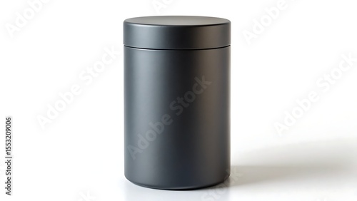 A black cylindrical container with a lid is isolated on white background