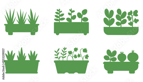 Green grass and flowers nature eco vector illustration set with leaf, plant, and tree icons for organic garden bio floral decoration